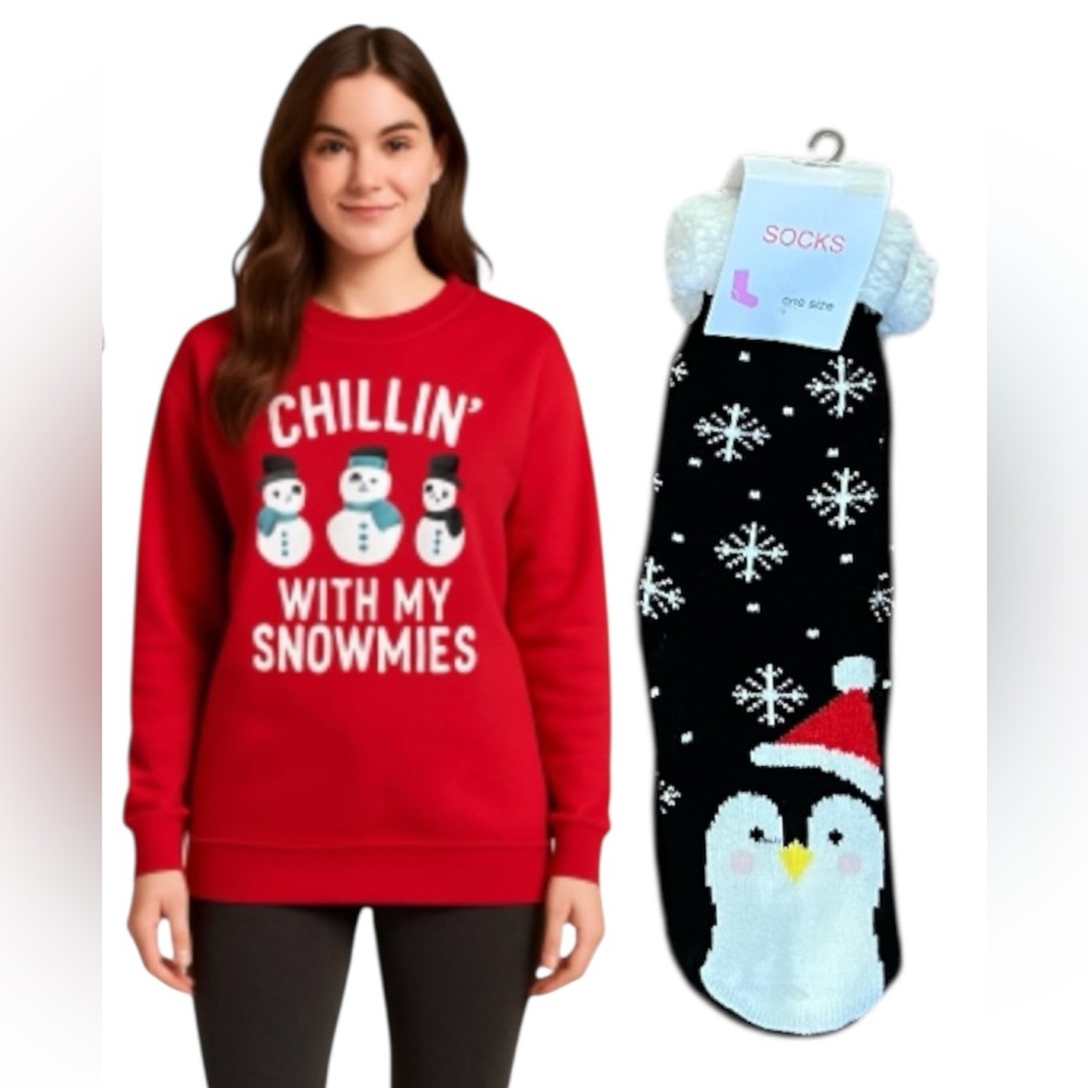 NWT Holiday Snowman Sweatshirt and Penguin Socks Bundle